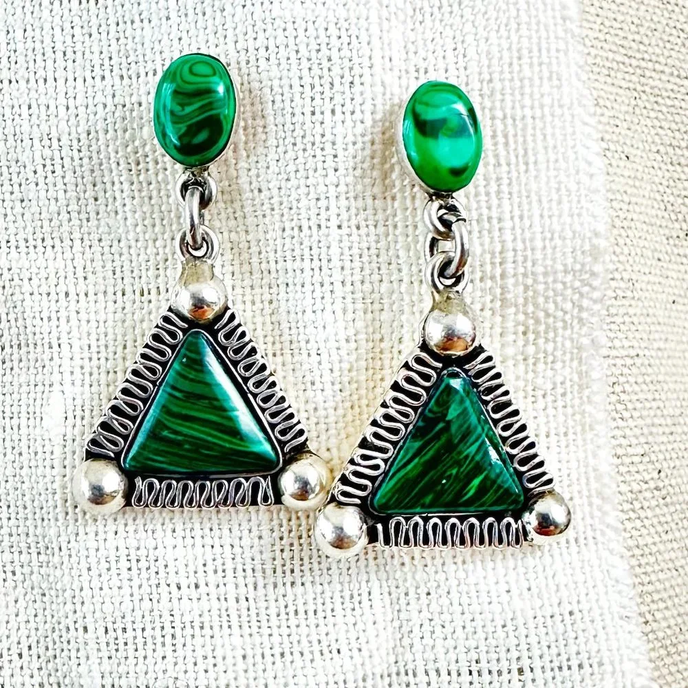 NEW‎ Sterling Silver Malachite Earrings Southwestern Pierced  925 Mexico